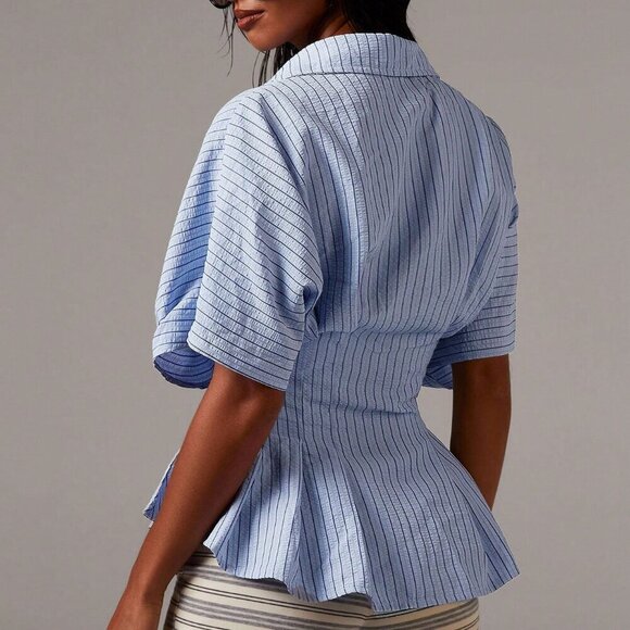 Blue Casual Women's Striped Bat Sleeve Pleated Waist button down Blouse - Picture 2 of 5